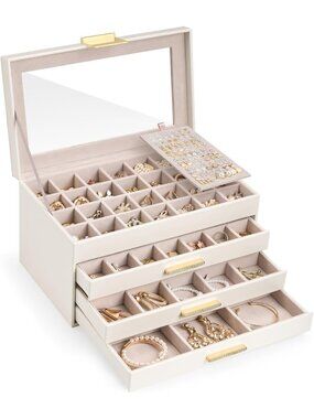 Large Earring Storage Box with Glass Top, 4-Tier Jewelry Organizer & Display